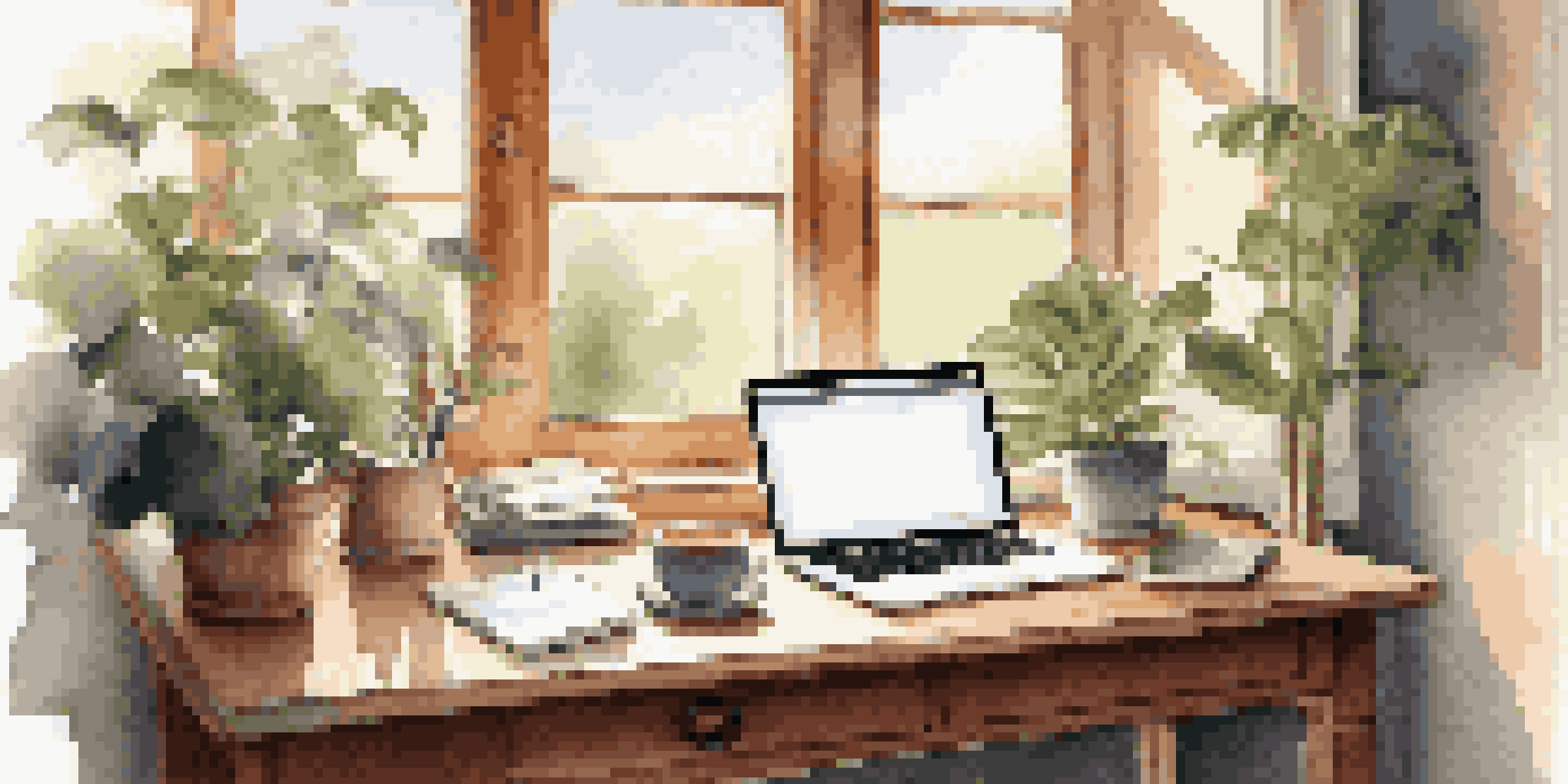 A cozy workspace with a wooden desk, laptop, notepad, and coffee cup, bathed in soft morning light and surrounded by plants.