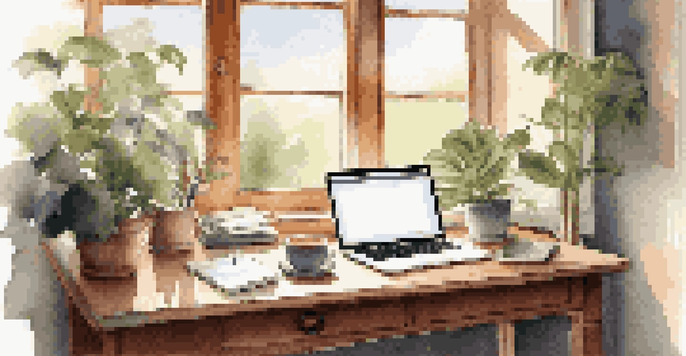 A cozy workspace with a wooden desk, laptop, notepad, and coffee cup, bathed in soft morning light and surrounded by plants.