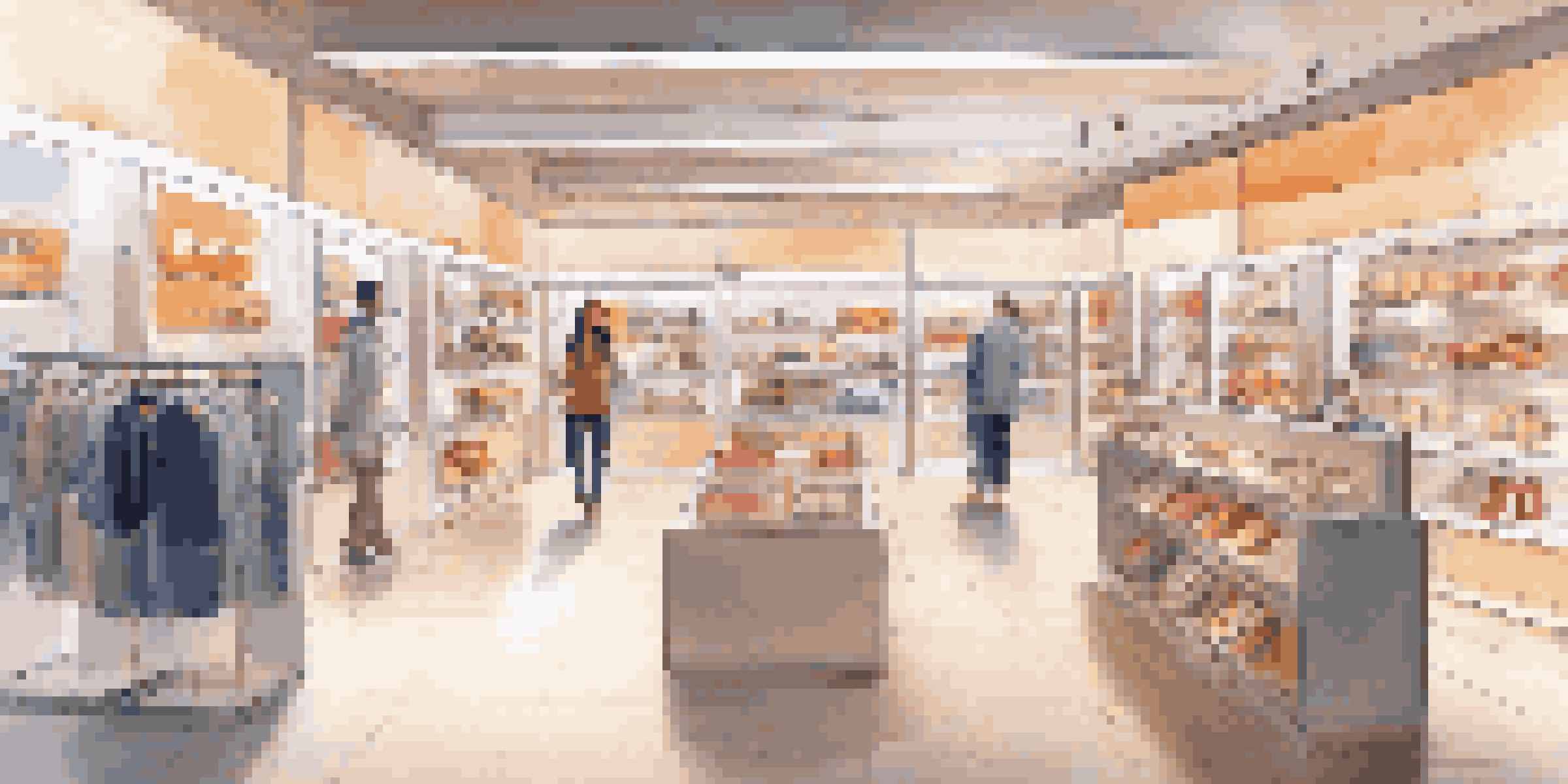 A modern retail store with digital screens and customers interacting with advanced AI technology in a warm and inviting environment.