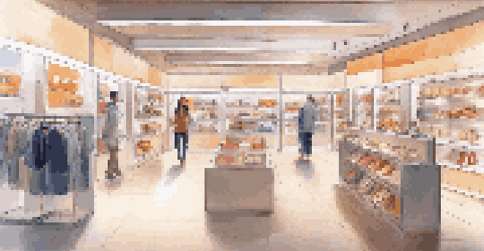 A modern retail store with digital screens and customers interacting with advanced AI technology in a warm and inviting environment.