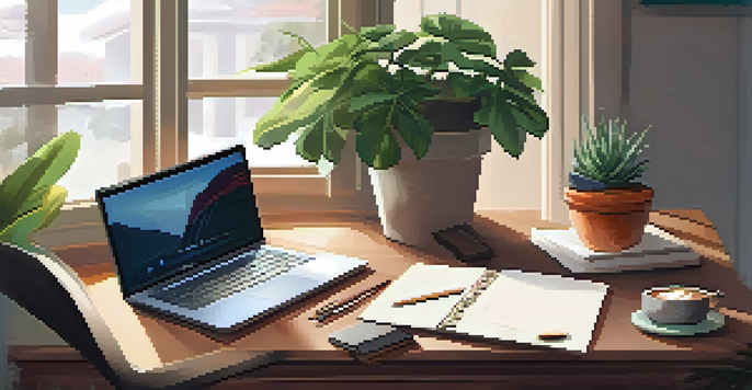 A warm and inviting home office with a wooden desk, laptop, notepad, and coffee cup, bathed in soft natural light.