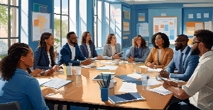 A group of diverse professionals in a well-lit meeting room, actively participating in a discussion around a large table, emphasizing teamwork and communication.