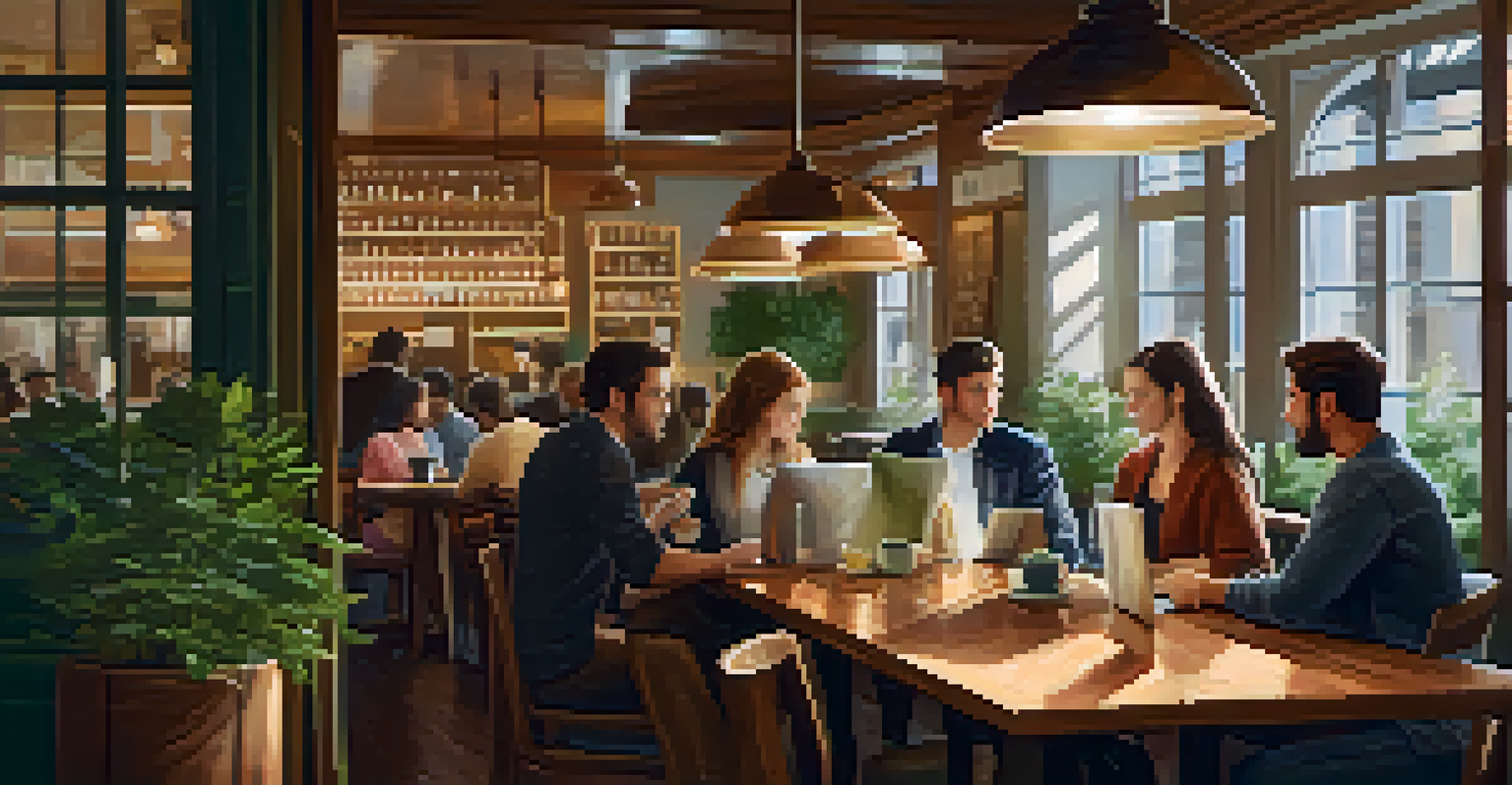 A cozy café with professionals networking over coffee and laptops in a warm, inviting environment.
