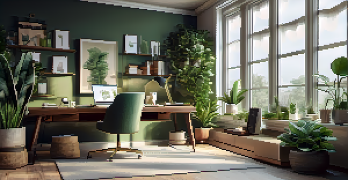 A bright home office with a laptop on a desk surrounded by house plants and natural light.