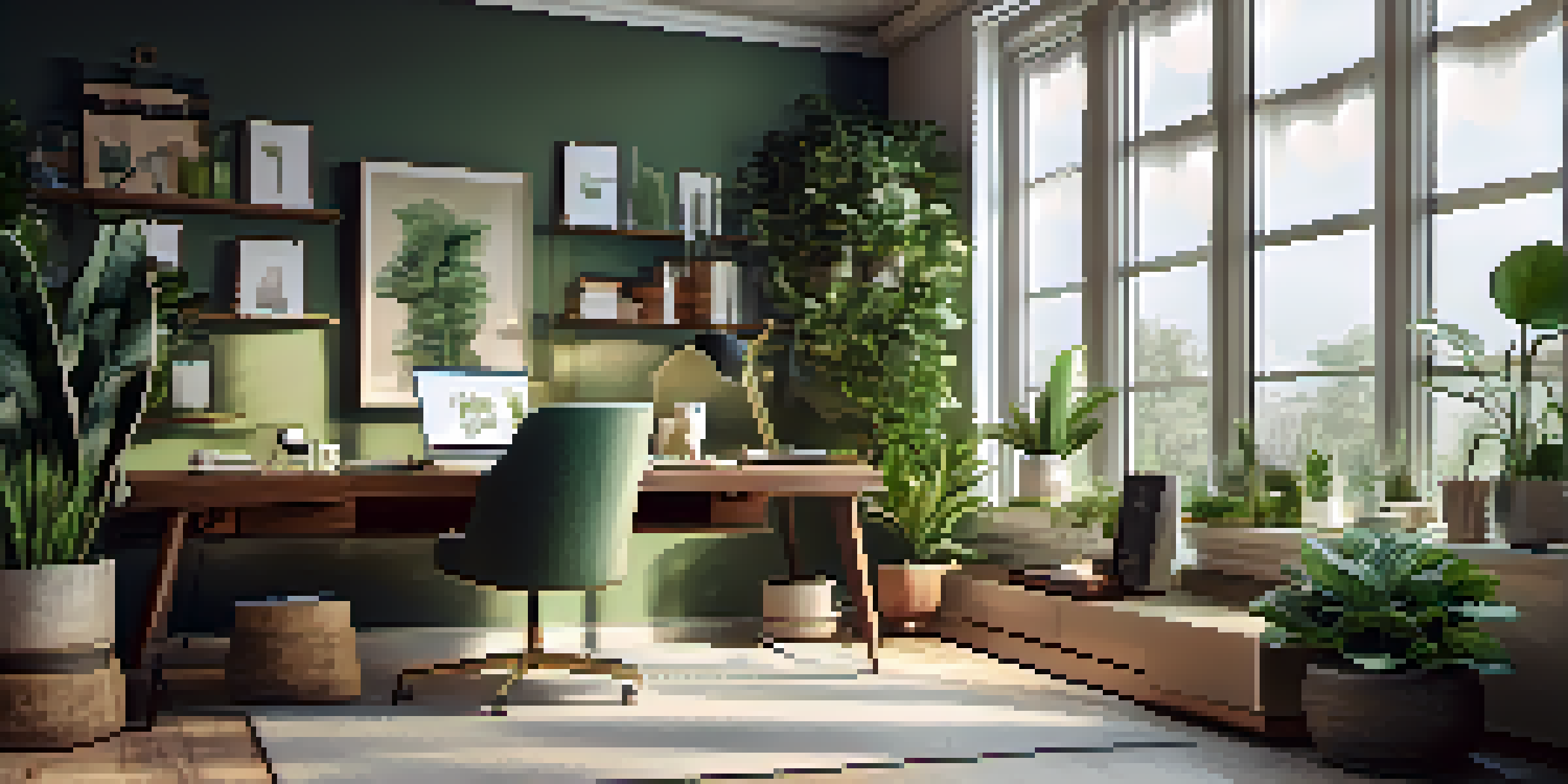 A bright home office with a laptop on a desk surrounded by house plants and natural light.