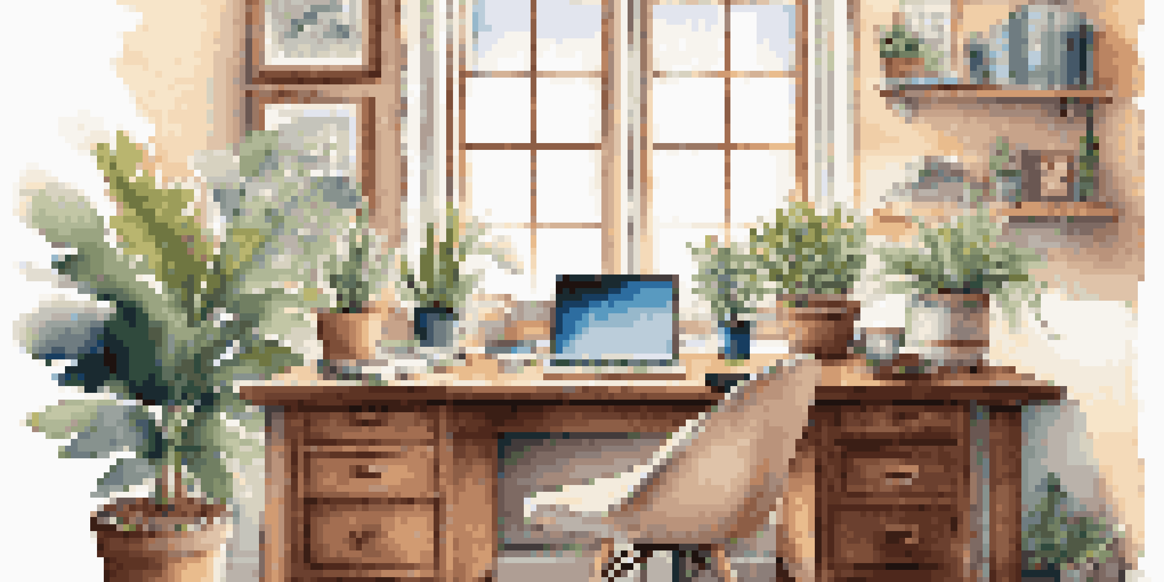 A cozy home office with a wooden desk, laptop, coffee cup, and a plant, illuminated by soft sunlight.