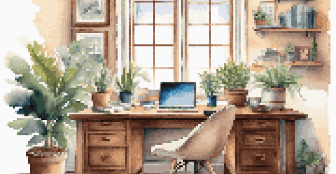 A cozy home office with a wooden desk, laptop, coffee cup, and a plant, illuminated by soft sunlight.