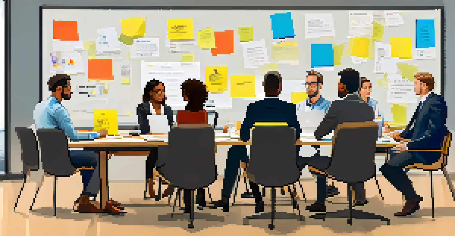 A diverse group of professionals brainstorming around a table, with sticky notes and whiteboards, in a warm and collaborative environment.