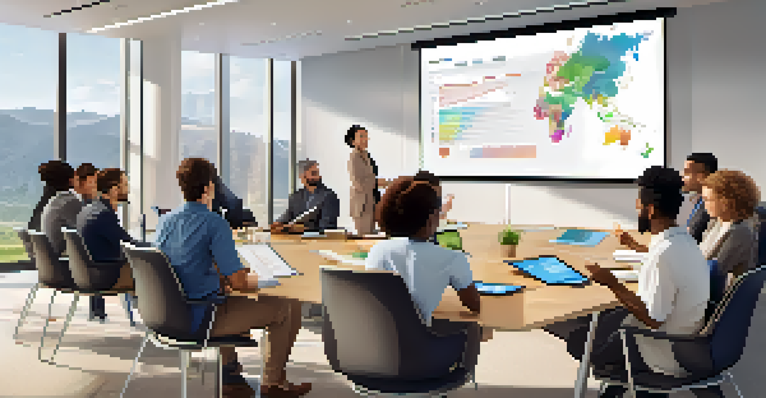 A group of diverse professionals in a conference room discussing SMART goals, with a presentation visible on the screen.