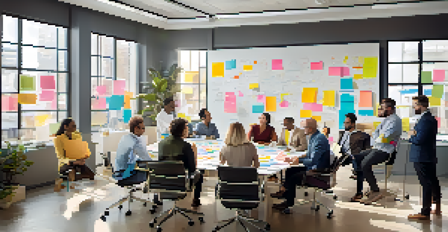 A diverse group of professionals collaborating at a table with colorful mind maps and sticky notes in a modern office.