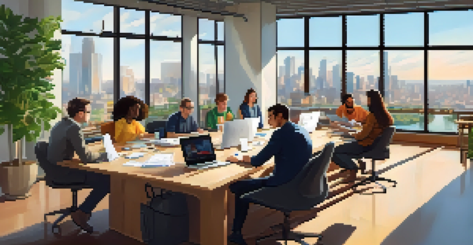 A diverse group of professionals collaborating around a table filled with laptops and notebooks, in a bright office space with large windows showing a city view.