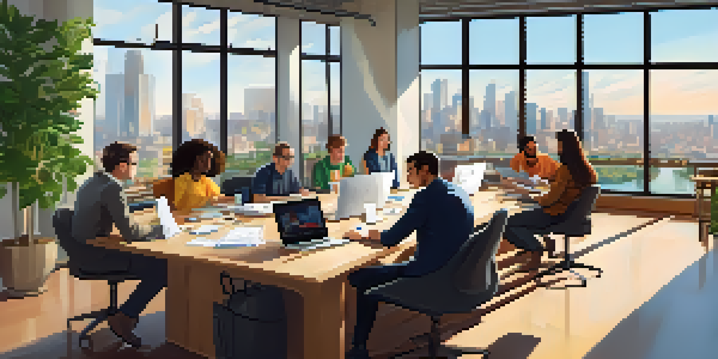 A diverse group of professionals collaborating around a table filled with laptops and notebooks, in a bright office space with large windows showing a city view.