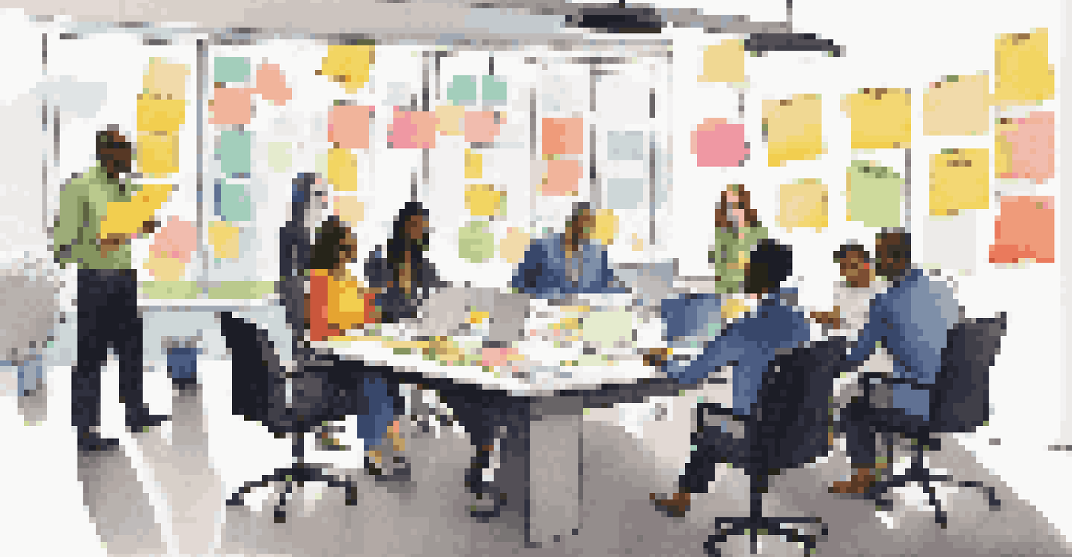 A diverse group of professionals collaborating around a conference table with laptops and post-it notes.