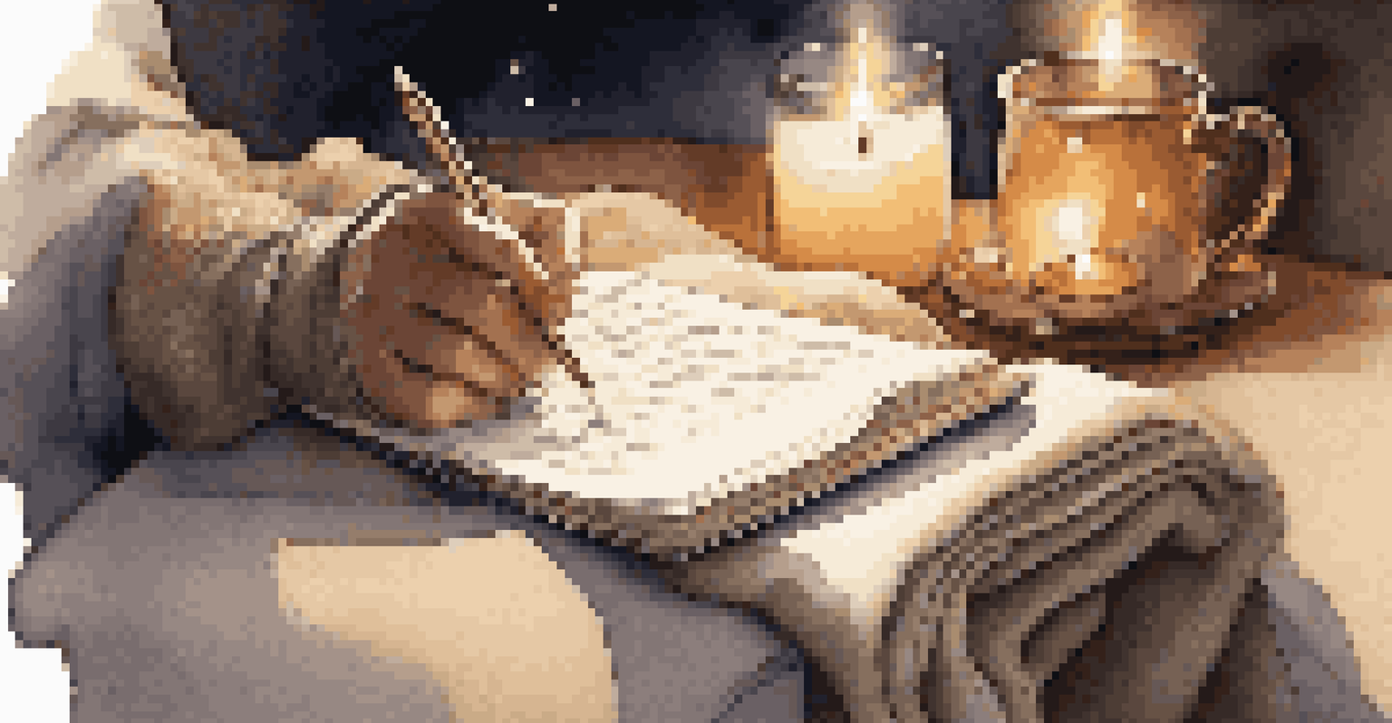 Close-up of hands writing in a journal, with a cup of tea and a candle creating a warm atmosphere.