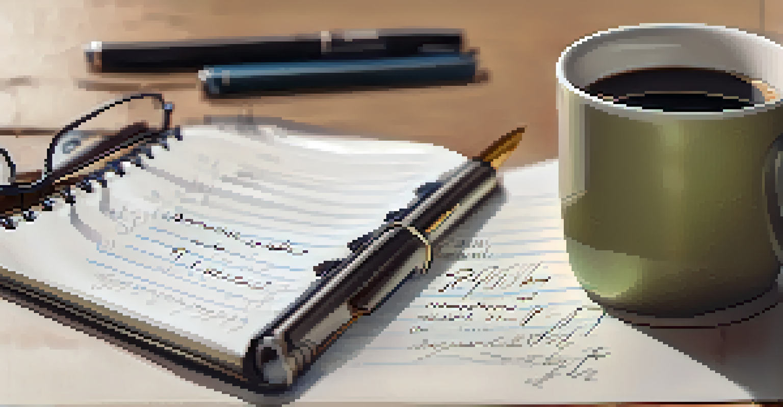 A close-up of a hand writing goals on a notepad with a cup of coffee and a laptop in the background.
