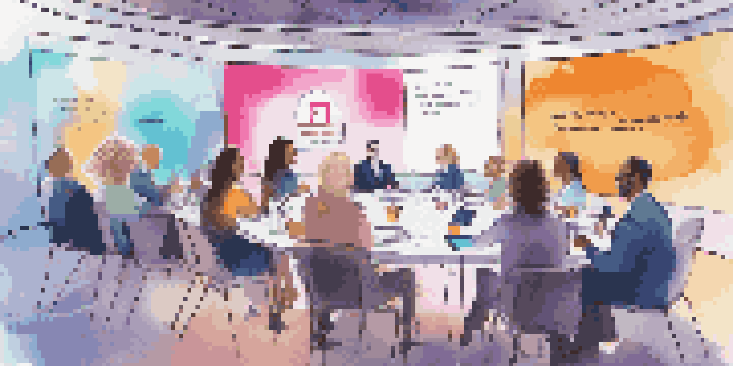 A virtual networking event with diverse professionals engaging in discussions, colorful backgrounds, and interactive screens.