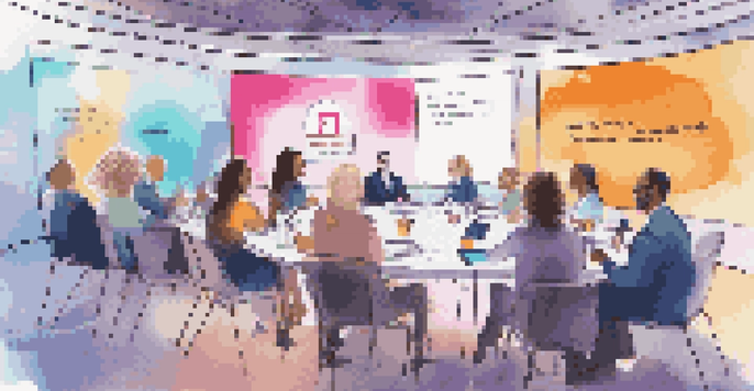 A virtual networking event with diverse professionals engaging in discussions, colorful backgrounds, and interactive screens.