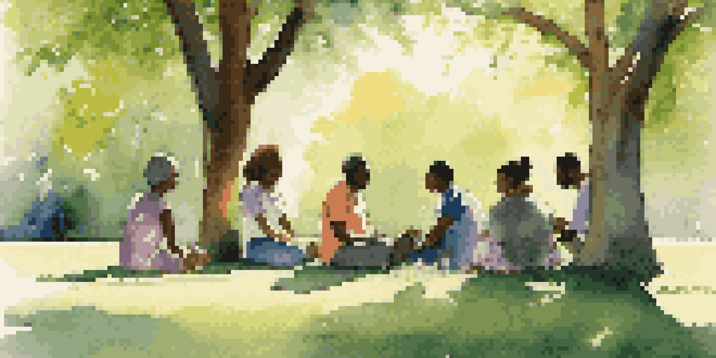 A diverse group of individuals enjoying a conversation in a sunny park, surrounded by greenery and flowers.