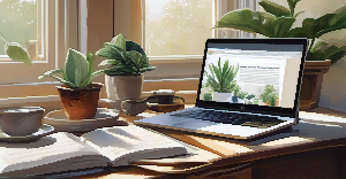 A cozy workspace with a wooden desk, laptop, houseplants, and a cup of tea, illuminated by soft natural light.