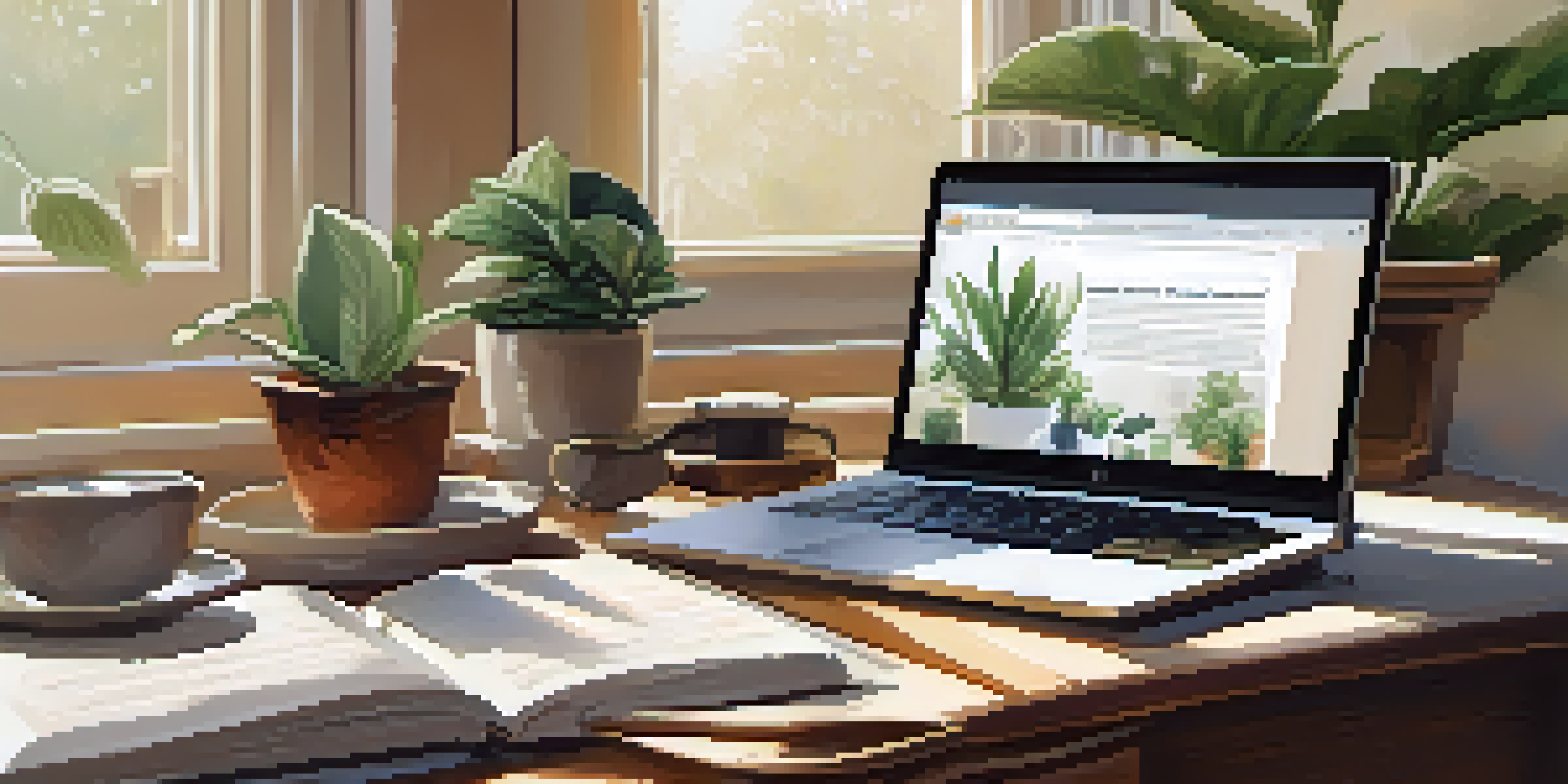 A cozy workspace with a wooden desk, laptop, houseplants, and a cup of tea, illuminated by soft natural light.