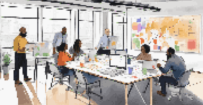A group of diverse professionals working together in a modern office, collaborating around a large table with laptops and notes.