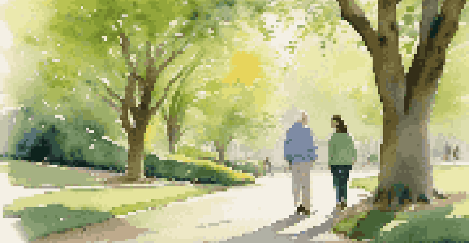 A mentor and mentee walking in a park, with the mentor explaining something while the mentee listens attentively, surrounded by lush trees.