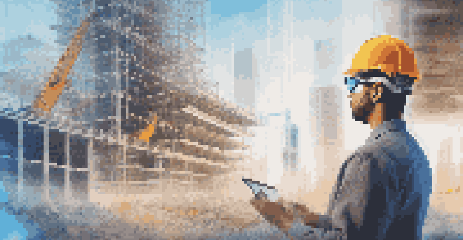A construction worker using AR glasses to interact with holographic blueprints at a modern construction site.