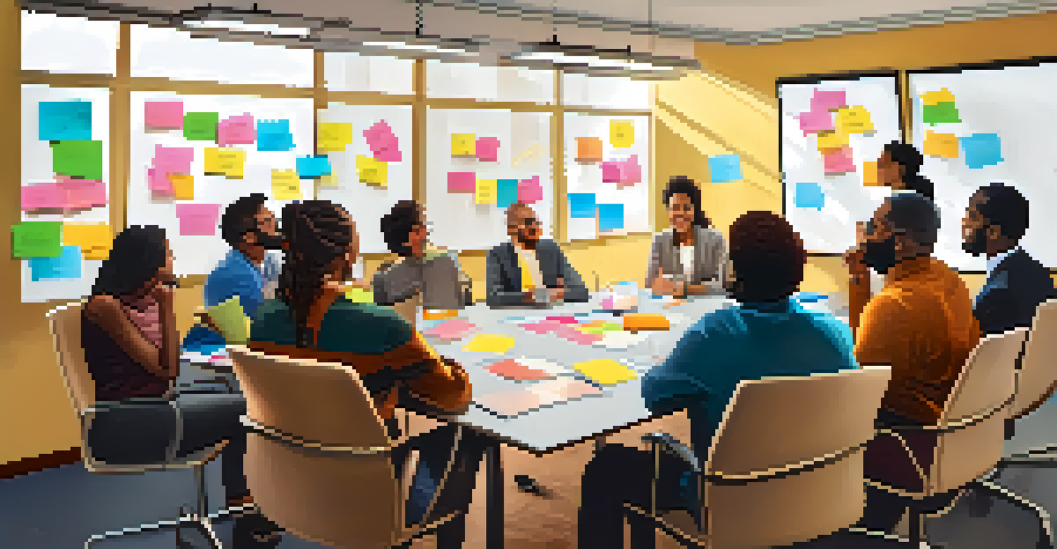 A diverse group of professionals in a meeting room sharing stories and ideas, with a supportive atmosphere and a whiteboard filled with notes.
