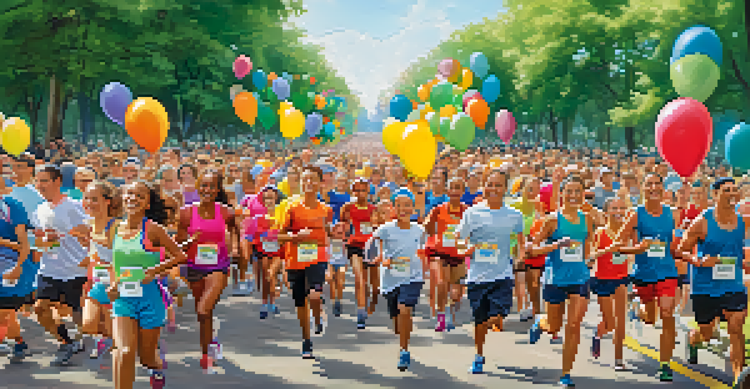 Participants of various ages running in a charity run event, surrounded by a supportive community atmosphere with banners and balloons.