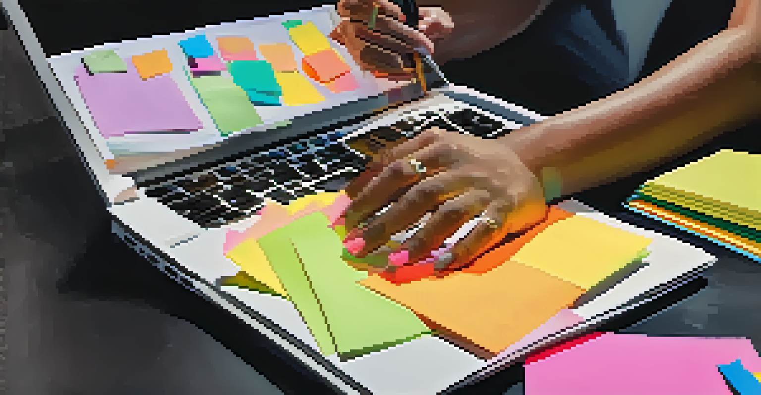 A close-up of hands on a laptop with sticky notes and a notebook, illustrating skill development.