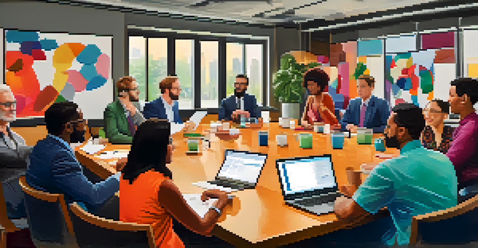 A group of people having a productive meeting in a colorful conference room, showcasing teamwork.