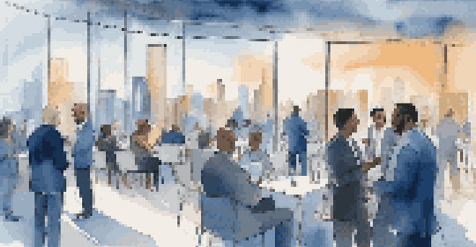 A virtual networking event with diverse professionals engaging in conversation, illuminated by soft lighting and digital screens.