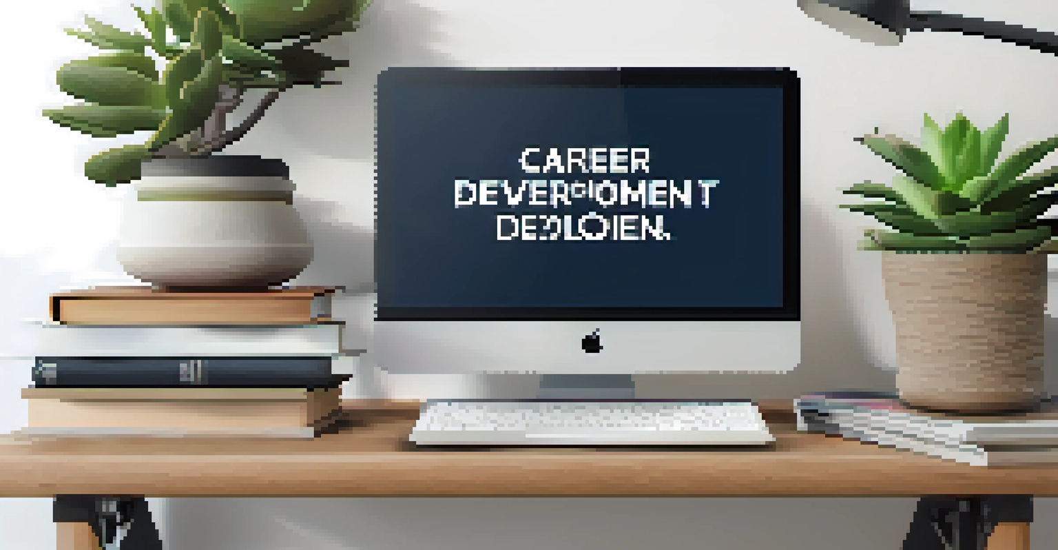 A well-organized workspace with a laptop, books on career development, and a motivational quote framed on the wall.