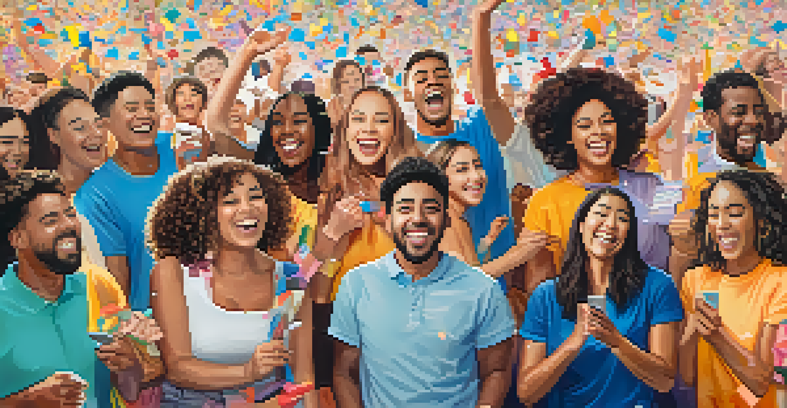 A joyful collage of individuals celebrating their achievements in an online community, surrounded by confetti and supportive messages.