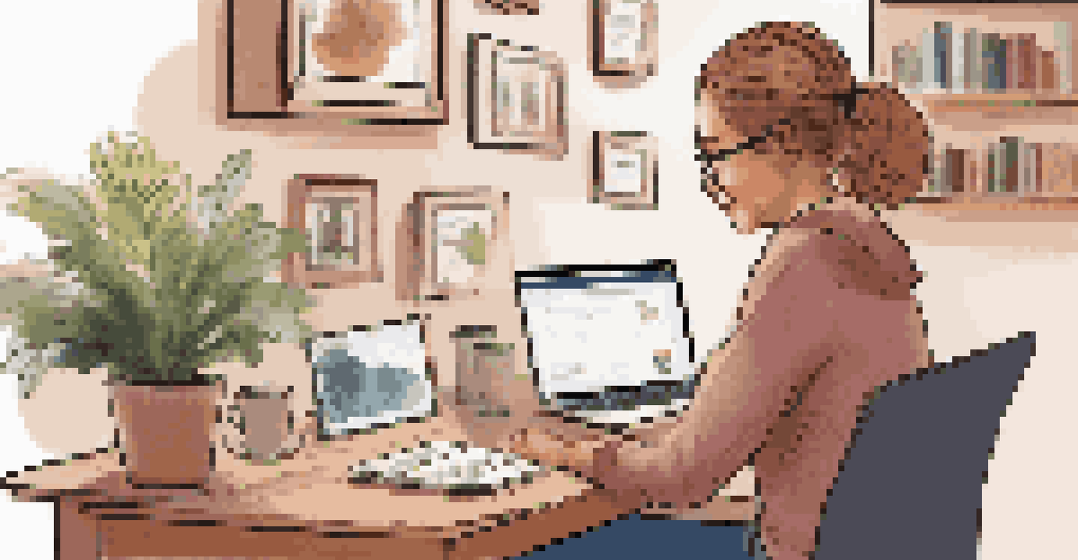 A middle-aged woman focused on an online learning platform on her laptop, taking notes in a cozy room.