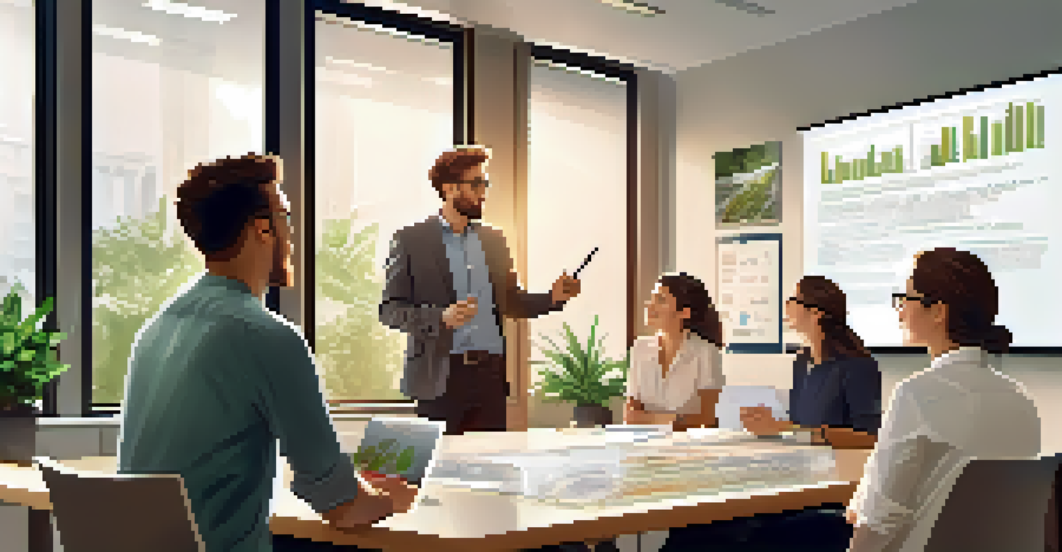 An intern presenting a project to colleagues in a well-lit office, with a projector and enthusiastic listeners.