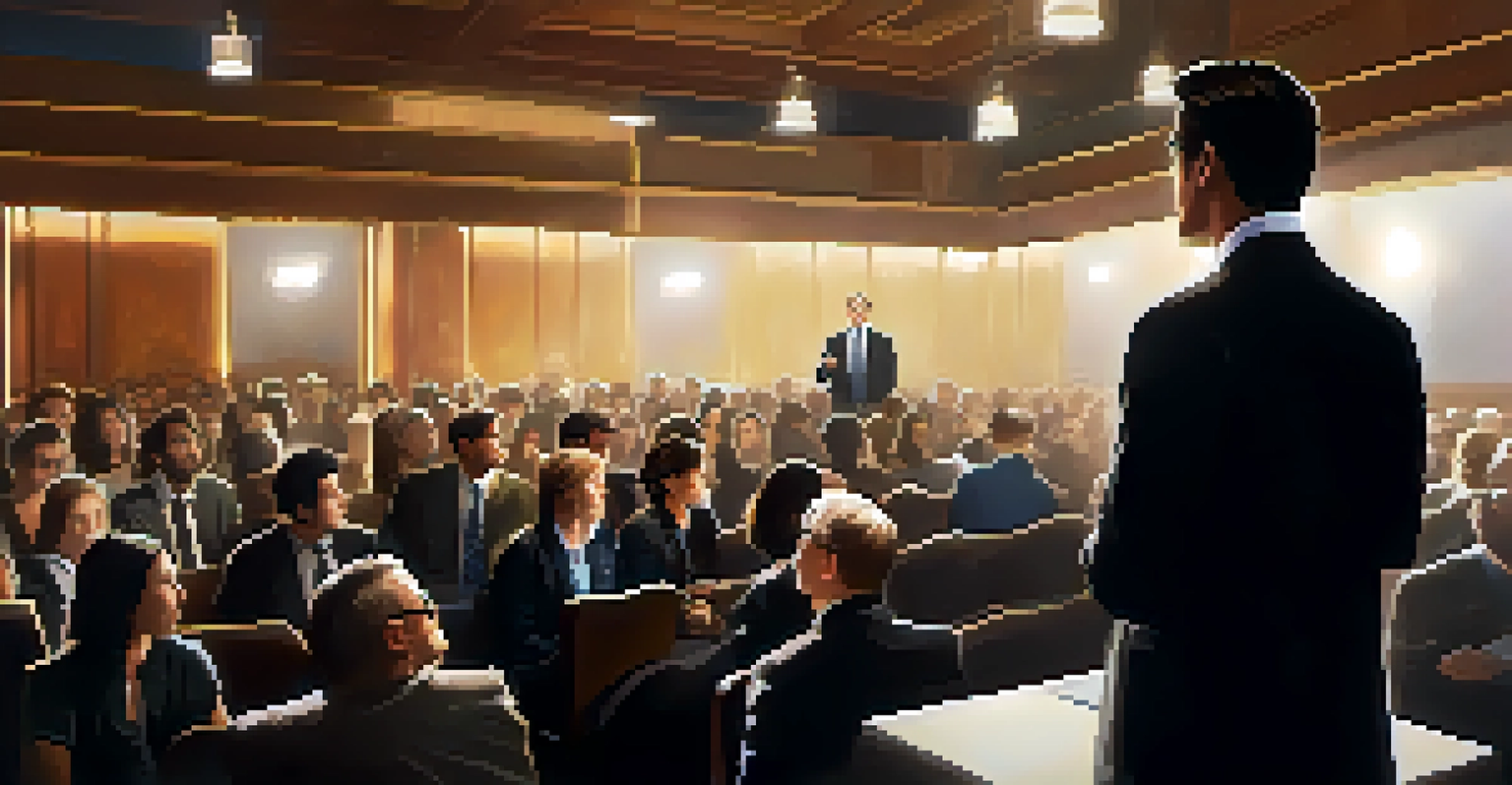 A confident speaker delivering an elevator pitch to an engaged audience in a professional setting.