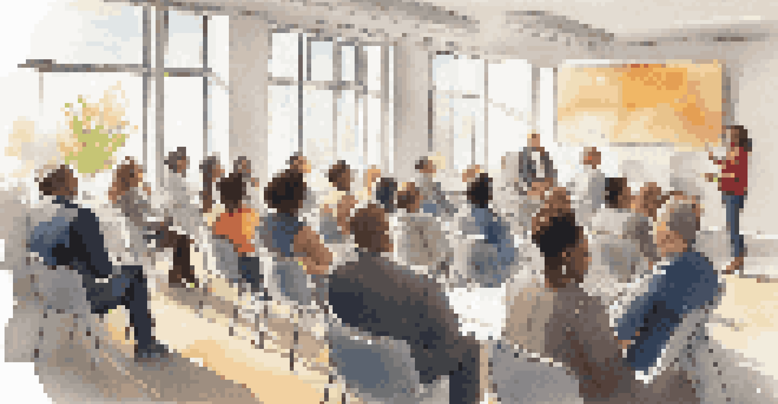 A diverse group of people in a workshop, listening to a speaker in a bright, modern room.