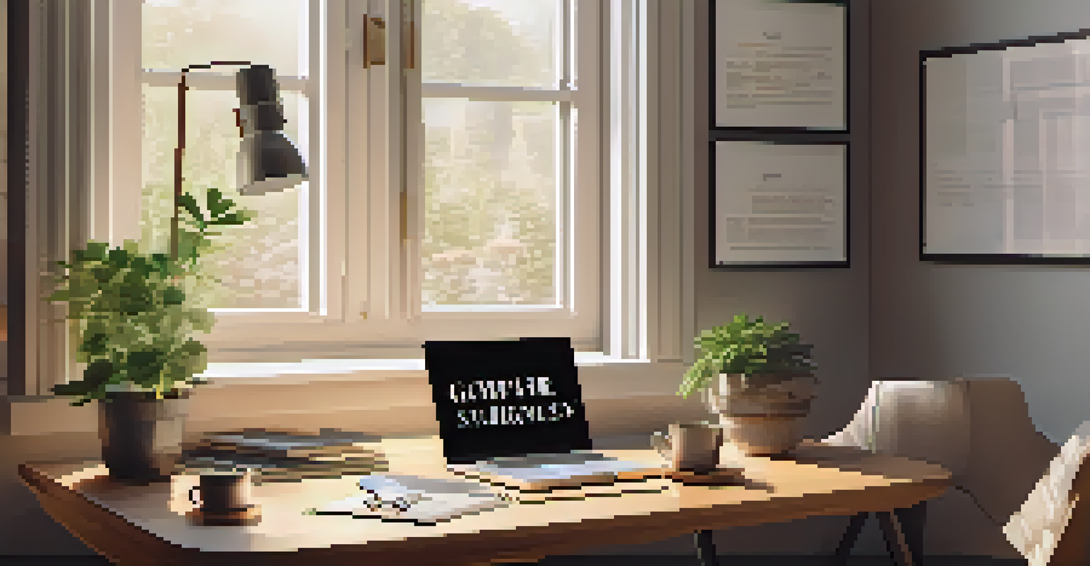 A cozy home office with a wooden desk, laptop, notepad, and coffee, illuminated by natural light.