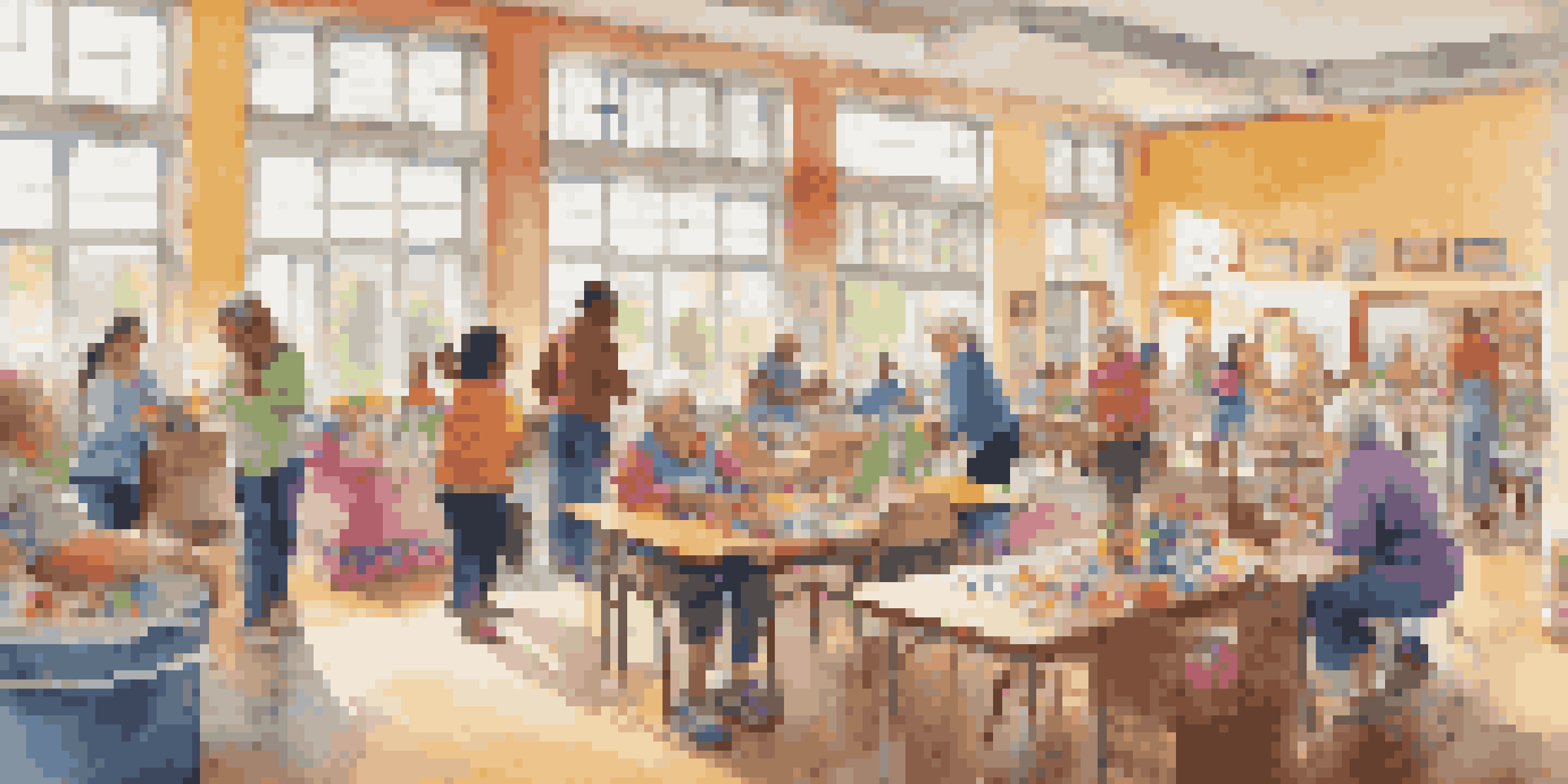 A diverse group of volunteers actively participating in a community center, with children, seniors, and colorful decorations in a sunny room.