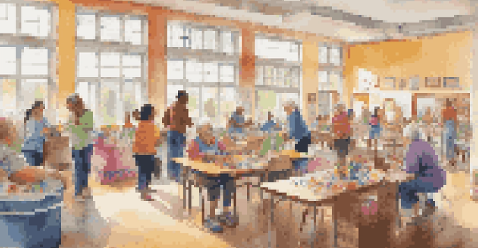 A diverse group of volunteers actively participating in a community center, with children, seniors, and colorful decorations in a sunny room.