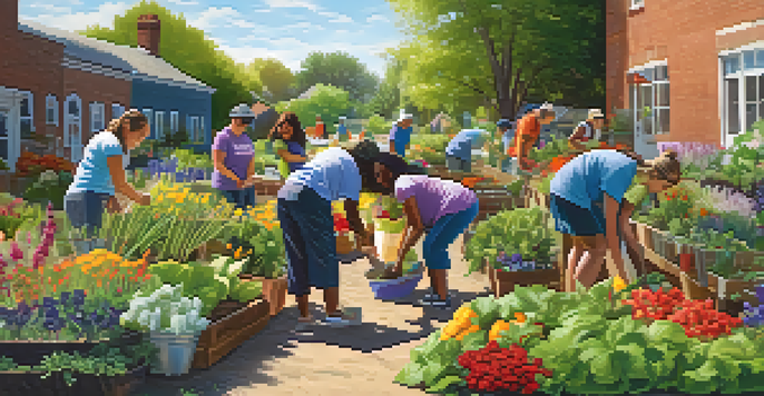 A group of diverse volunteers working in a community garden, planting flowers and vegetables, with bright colors and sunlight filtering through the trees.