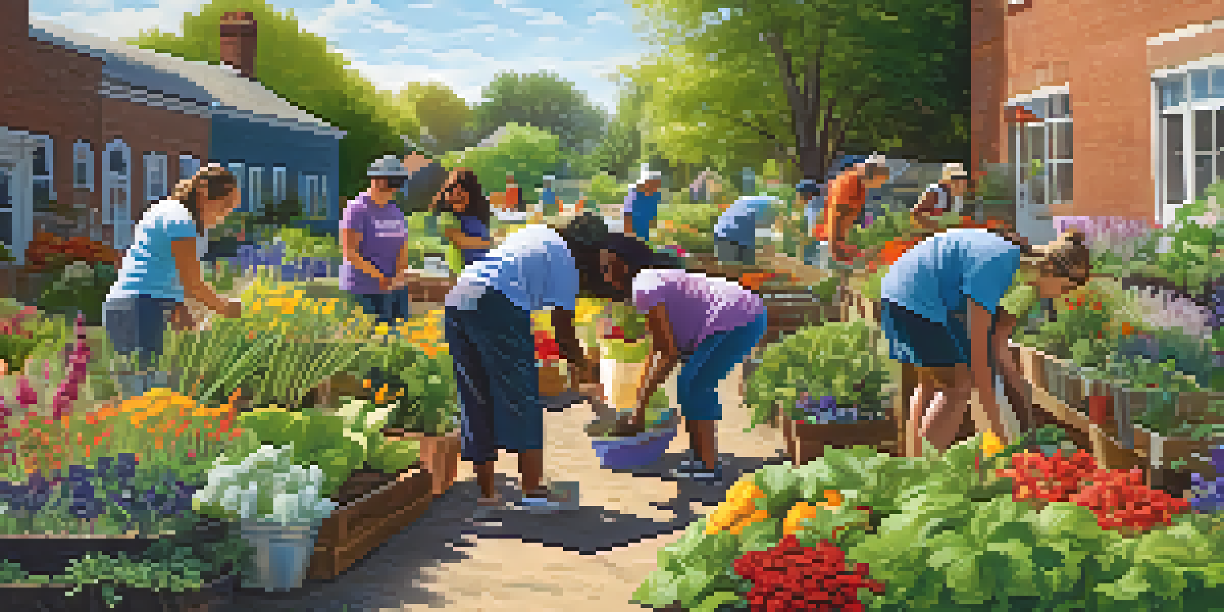 A group of diverse volunteers working in a community garden, planting flowers and vegetables, with bright colors and sunlight filtering through the trees.