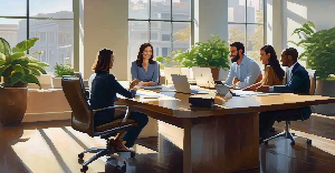 A diverse group of professionals in a bright office, collaborating and smiling around a wooden conference table.