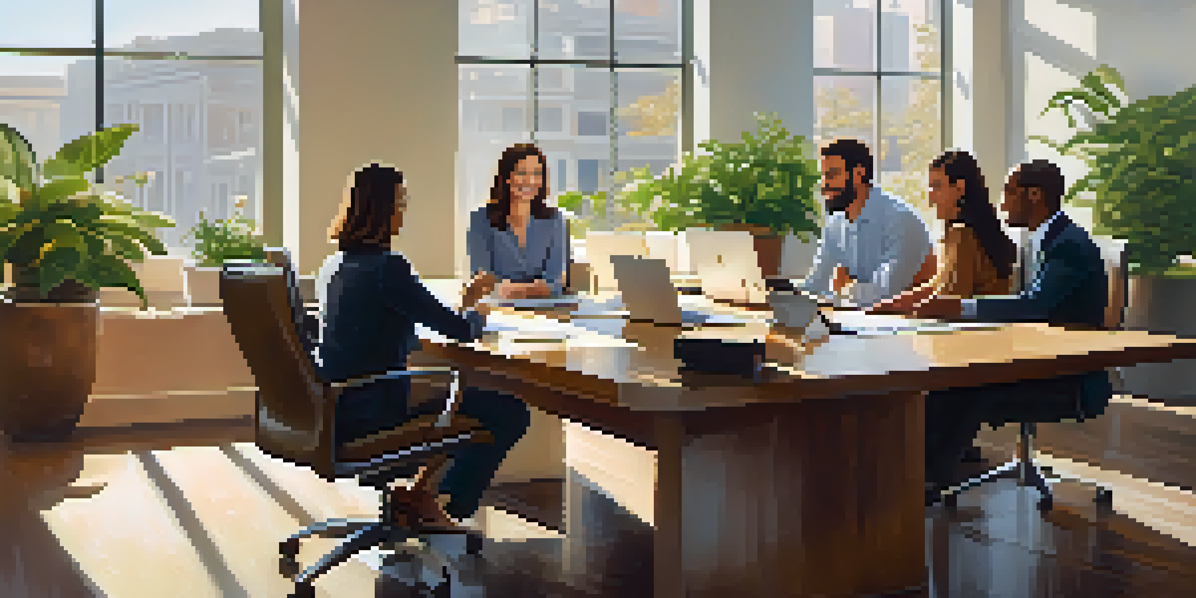 A diverse group of professionals in a bright office, collaborating and smiling around a wooden conference table.
