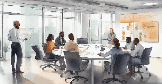 A diverse group of employees having a discussion in a well-lit conference room with motivational posters on the walls.