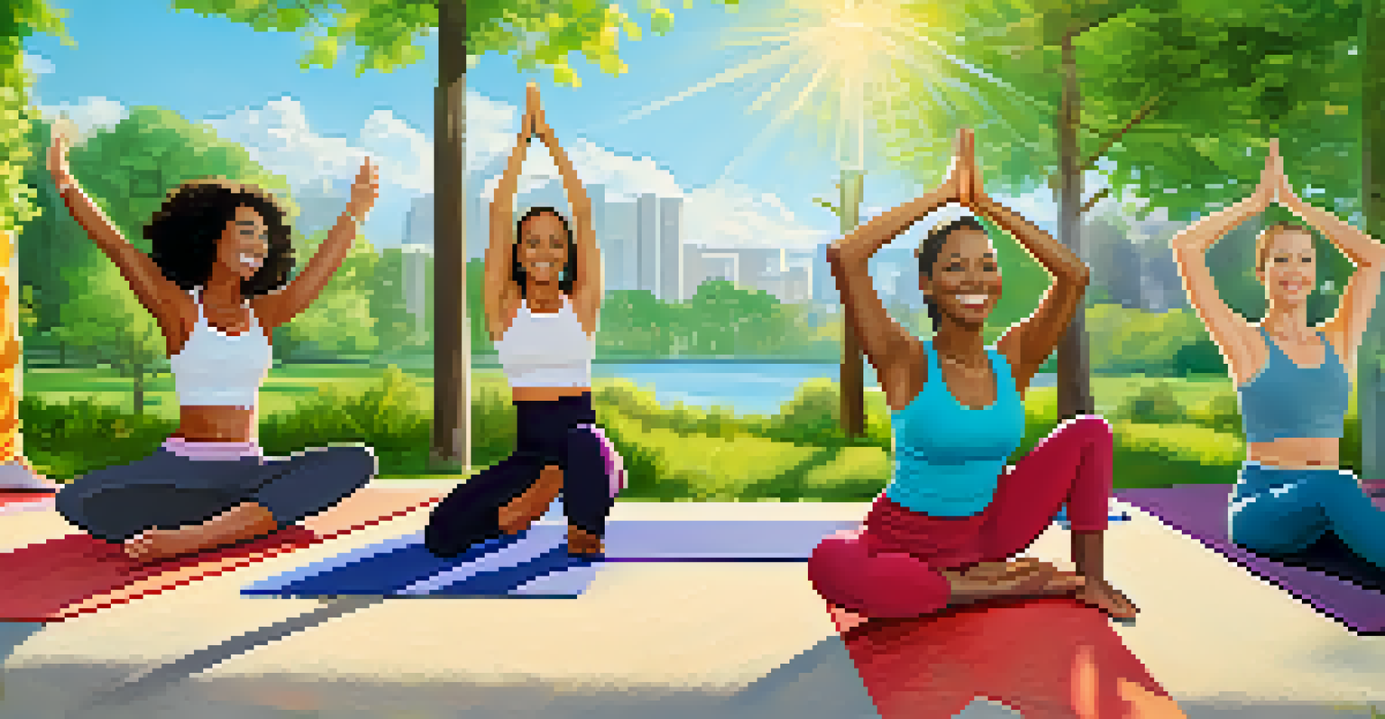 A diverse group of employees practicing yoga outdoors in colorful attire, enjoying a sunny day surrounded by nature.