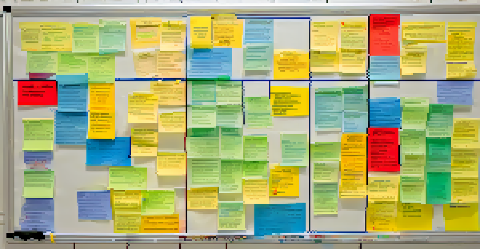 An overhead view of a colorful Eisenhower Matrix on a whiteboard, displaying tasks in different quadrants, with markers and sticky notes around.