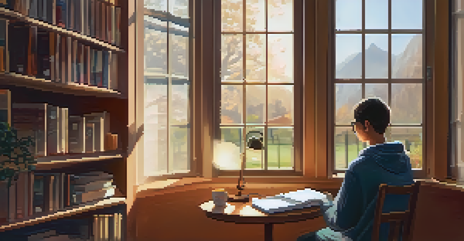 A person reflecting on their personal goals in a cozy corner, surrounded by warm light, with a notebook, a cup of tea, and a bookshelf in the background.