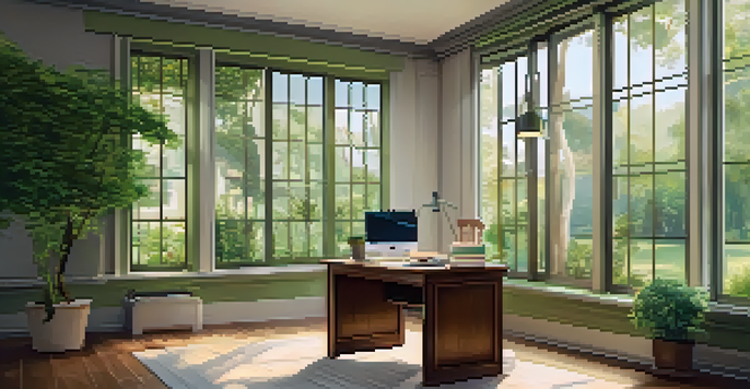 A bright office space with a view of a green garden, featuring a wooden desk, laptop, and a cup of tea.